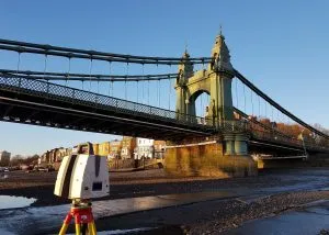 Leica P40 Scanner scanning Hammersmith Bridge underside from the River Thames at low tide