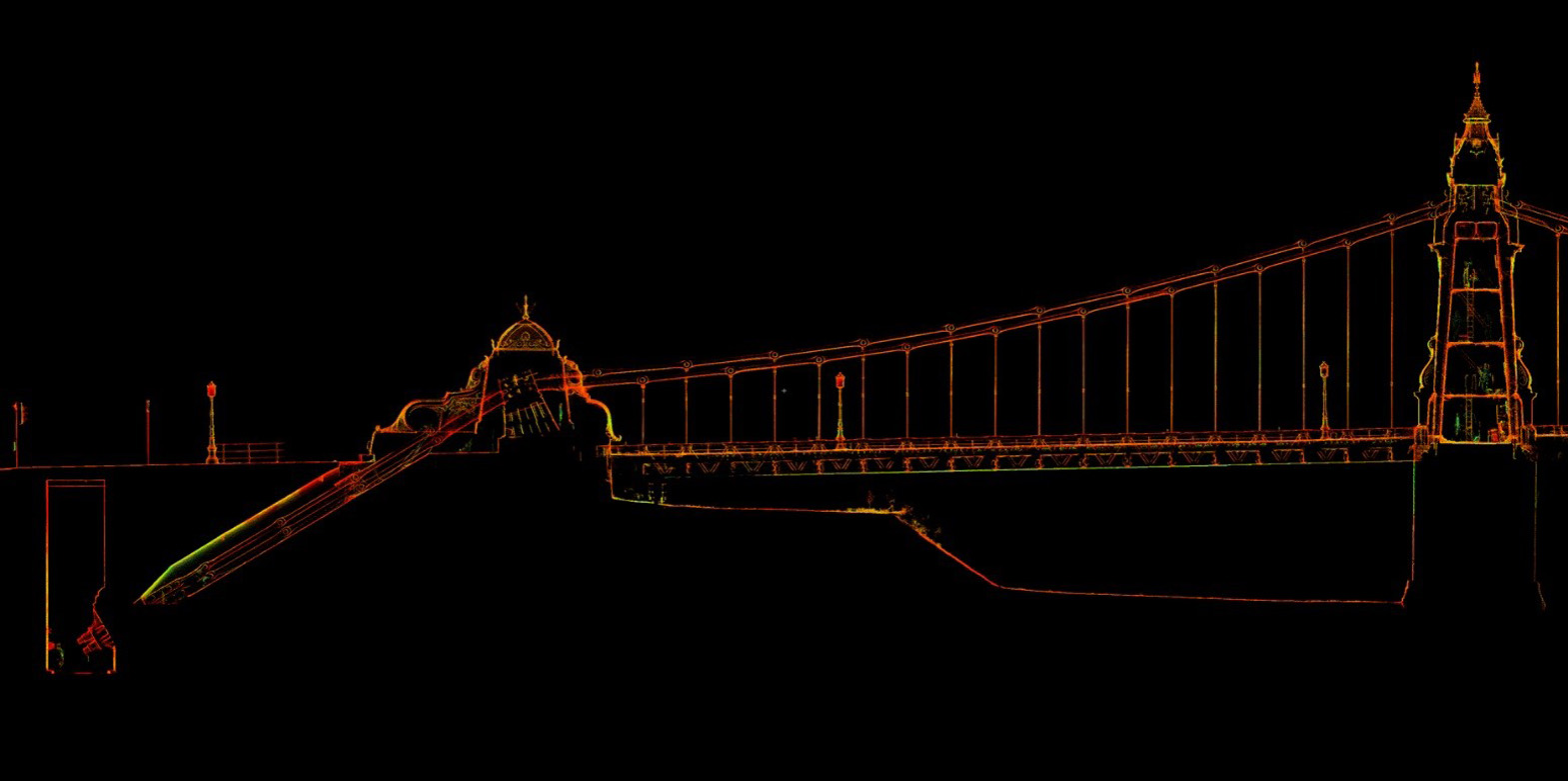 Section through intensity pointcloud showing towers, chains, saddles, chain tunnels and anchorages of Hammersmith Bridge